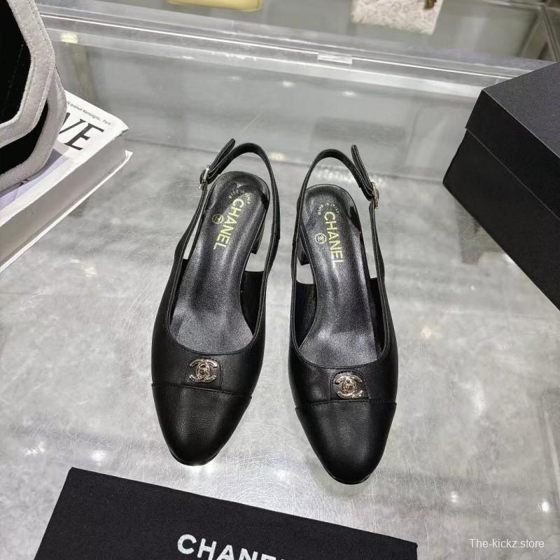 2025 Women Chanel Black Leather Slingback Pumps LY00300