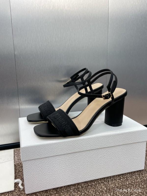 2025 Women Dior Black Leather Fabric Sandals