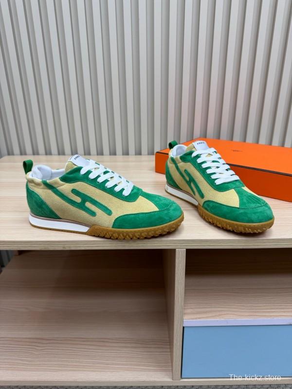 2025 Unisex Hermès Green Beige Suede Down Fabric Sneakers Top Version KFY00300