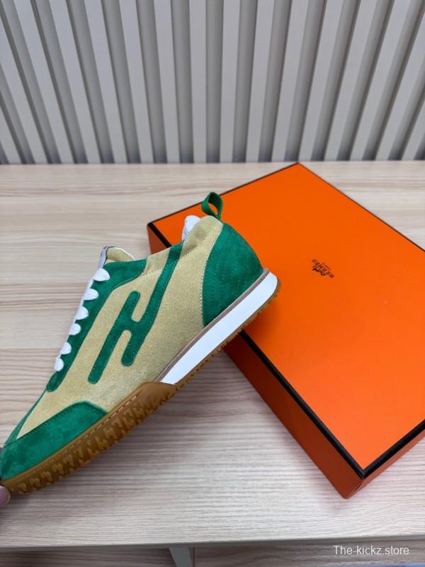 2025 Unisex Hermès Green Beige Suede Down Fabric Sneakers Top Version LY00310