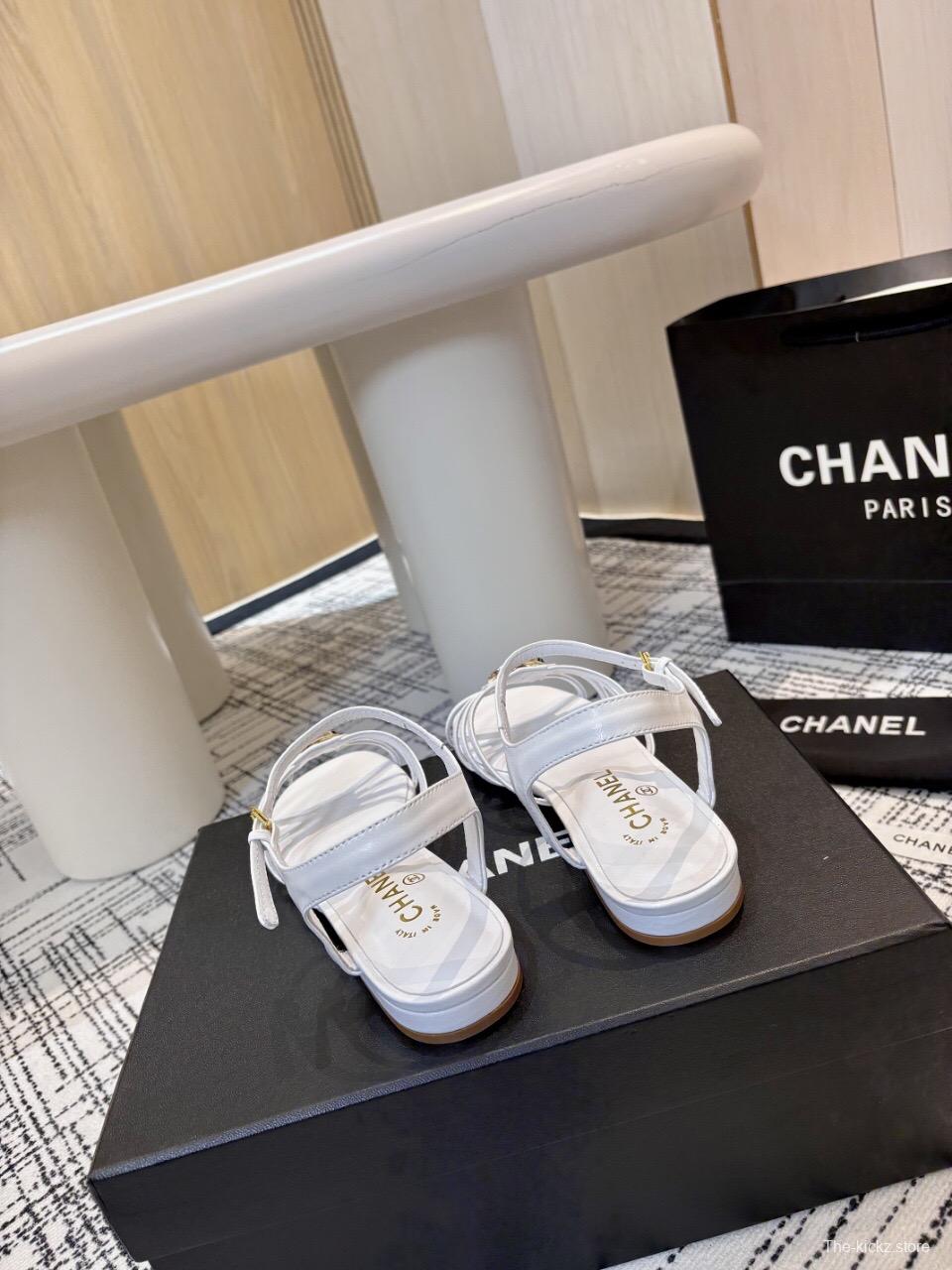 2025 Women Chanel White Leather Sandals LY00270