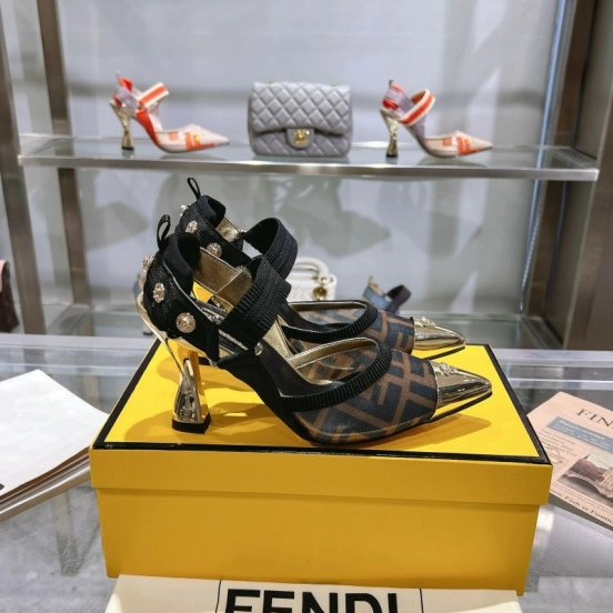 2025 Women Fendi Brown Black Leather Mesh High Heels MJ00280
