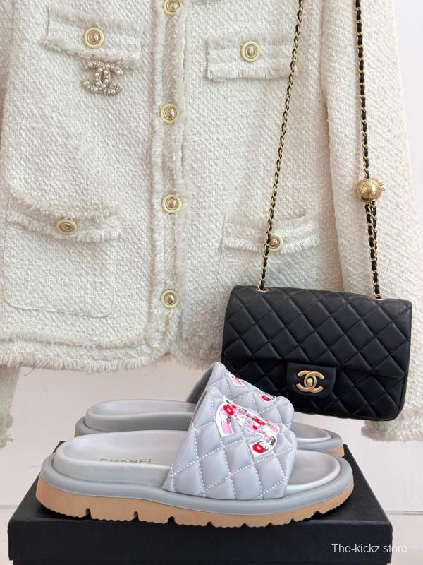 2025 Slippers Chanel Silver Floral Embroidery Leather Slippers KFY00260