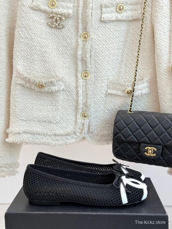 2025 Women Chanel Black White Mesh Leather Ballet Flats KFY00260