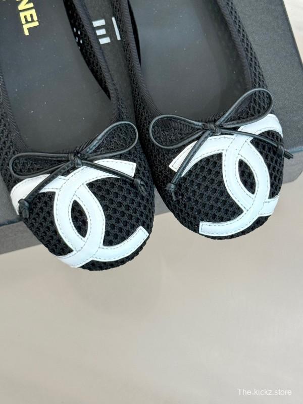 2025 Women Chanel Black White Mesh Leather Ballet Flats KFY00260