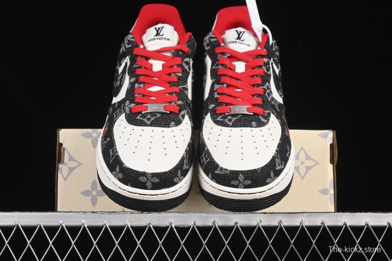 Nike Air Force 1 '07 Low LV Collaboration Black Denim Red Swoosh Casual Sneakers - LW9279-001