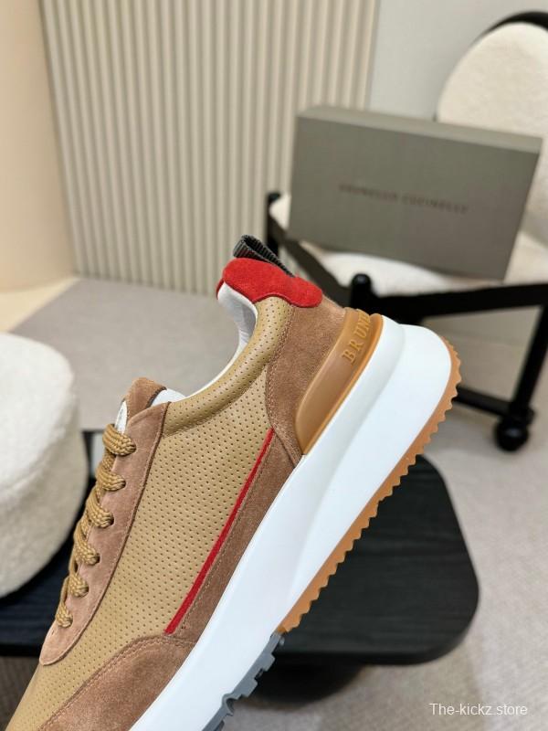 2025 Unisex Brunello Cucinelli Beige Brown Red Calfskin Mesh Sneakers AS00320
