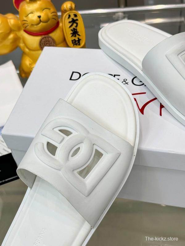 2025 Unisex Dolce & Gabbana White Leather Slippers KFY00150