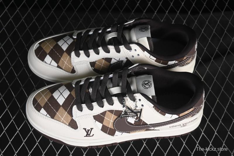 Nike SB Dunk Low LV Collaboration White Brown Grid High-End Custom Low-Top Casual Skate Shoes - SC0601-461
