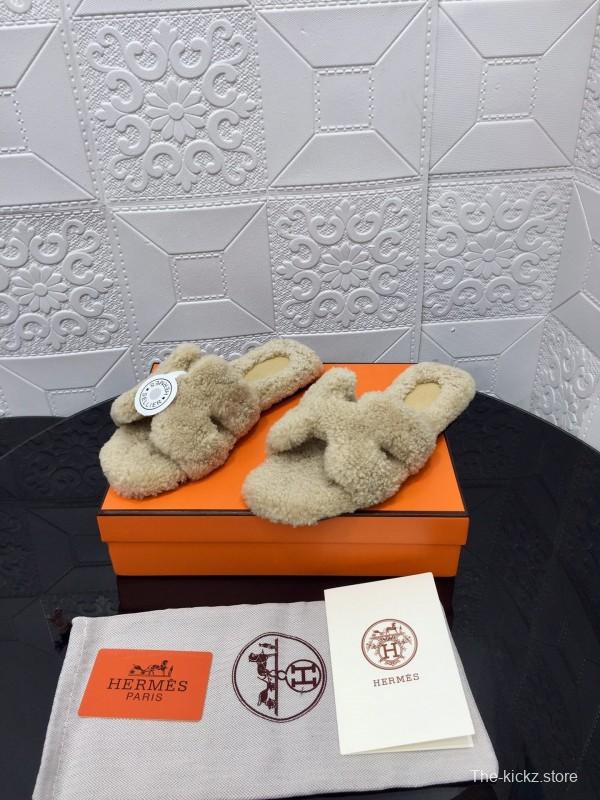 H Teddy Wool H Slippers Flat Sole Winter Home Shoes - LY00240