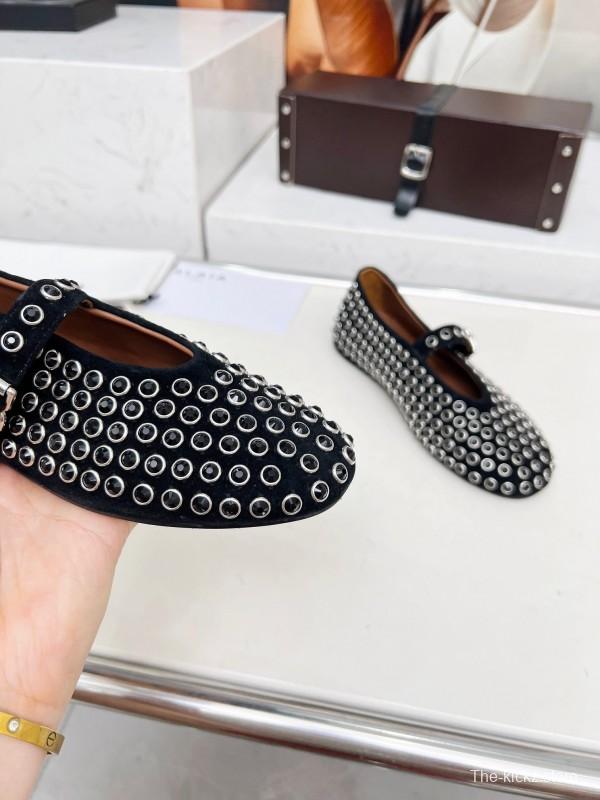 Alaia 2025/SS Crystal-Studded Ballet Dance Shoes with Inner Cushioning and 0.8CM Height Increase - LY00340