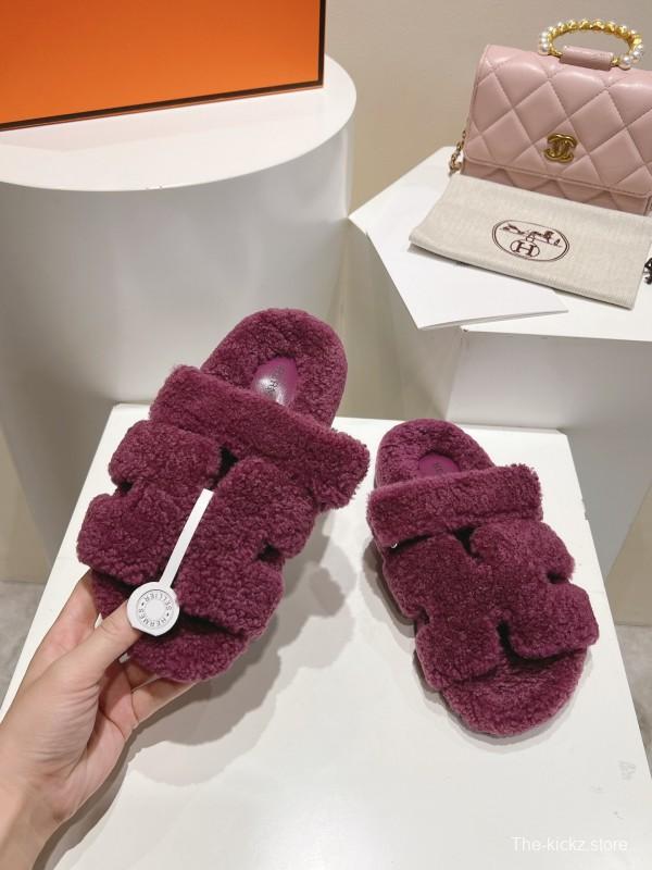 H Love Erjiu Full Wool Slippers with Wavy Fur Design - LY00270