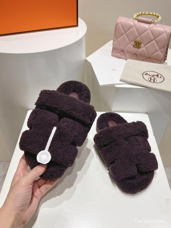 H Love Erjiu Full Wool Slippers with Slightly Curled Fur - LY00270